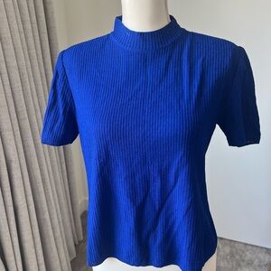 St. John Blue Ribbed Fitted Short Sleeve Tee